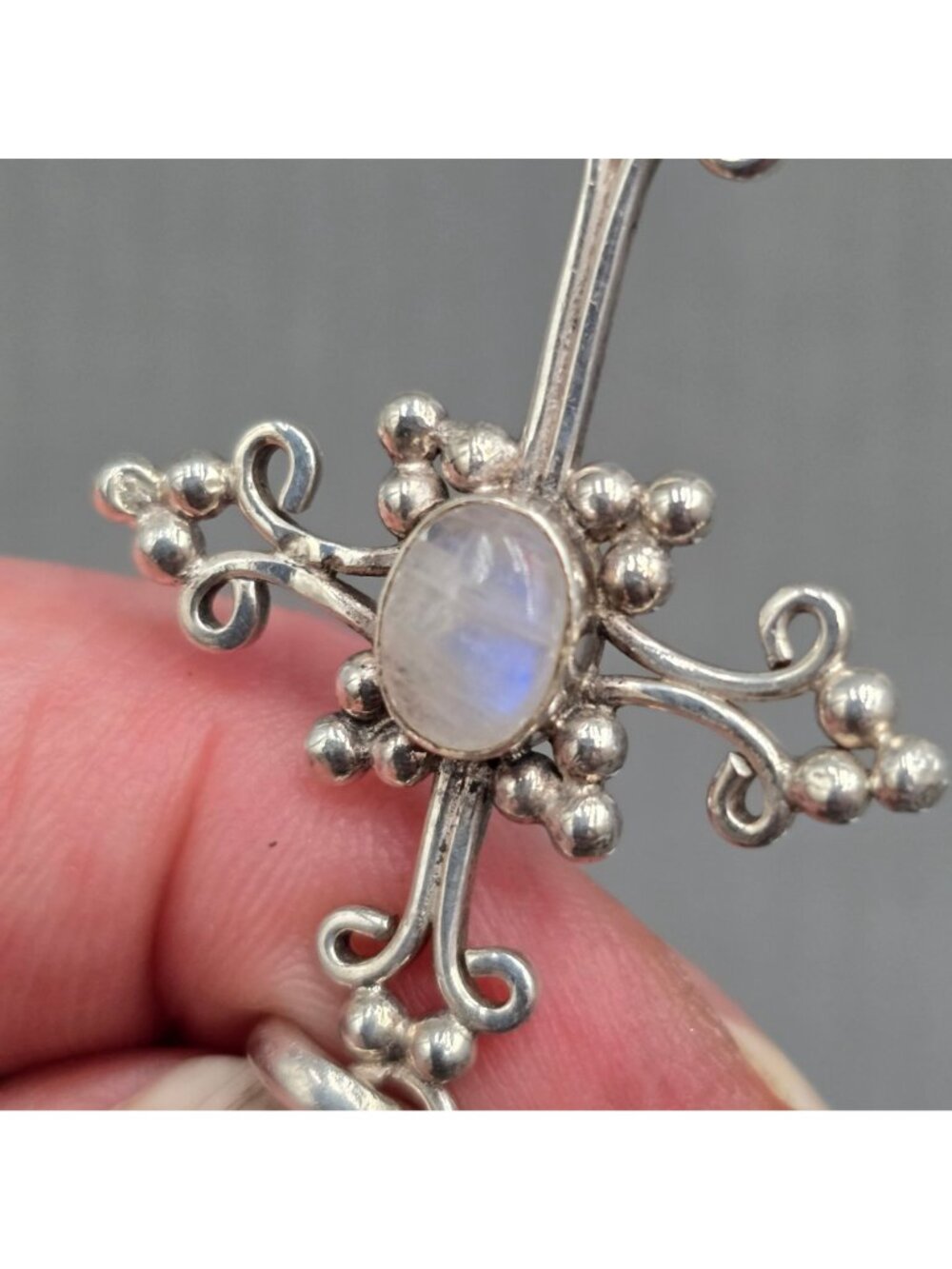 Vintage Sterling Silver Rainbow Moonstone Filigree Cross Gothic Pendant 1.75" - Picture 2 of 11
